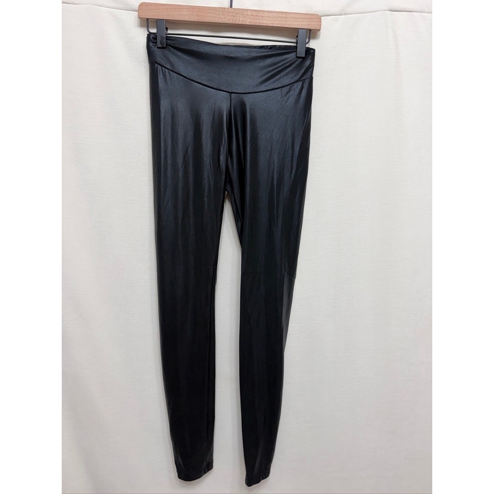 Hue Black Faux Leather Leggings Womens Small High Rise Pull On Leatherette Pants